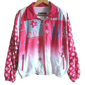 Retro 90s Kaelin Full Zip Windbreaker Jacket‎ Pink & White Mixed Print Large